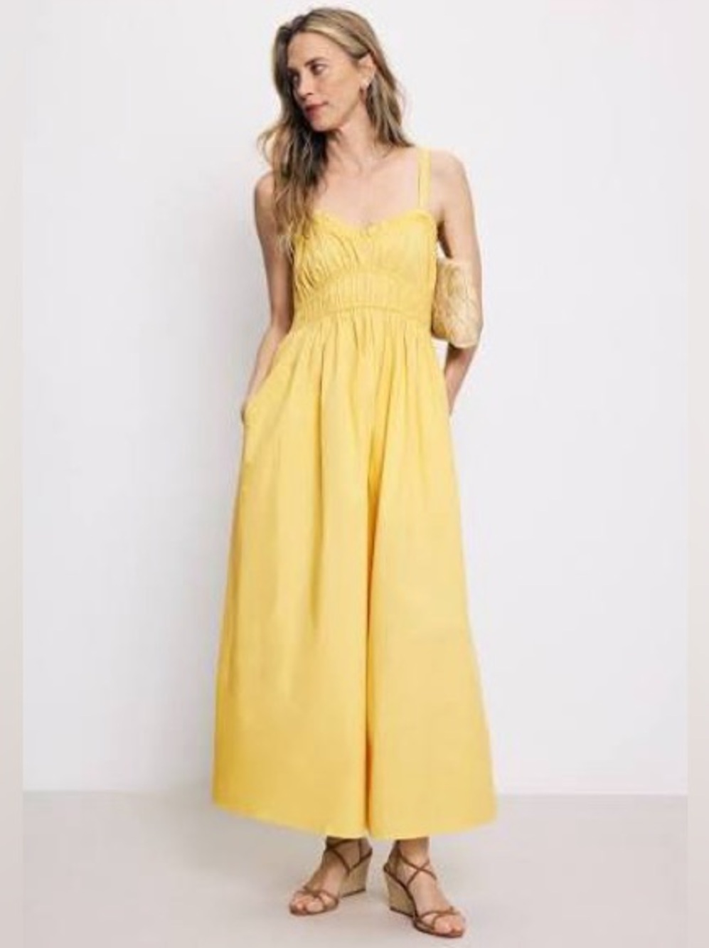 NWT Boss Orange by Hugo Boss
Dalza Shirred Cotton Maxi Dress in Yellow. $248